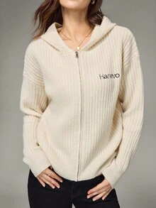 Hanevo Women's Letter Pattern Long Sleeve Zip-Up Casual Hooded Cardigan, Autumn/Winter - Apricot - View 4