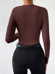 SHEIN VaVaLuxe 纯色休闲长袖修身女式紧身衣 - 咖啡棕 - 查看 2