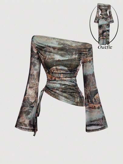 SHEIN MOD Women's Asymmetrical Shoulder Side Drawstring Flare Sleeve Vintage Oil Print Women T-Shirt, Fall/Winter, Thanksgiving ,Women's Halloween Costume ,Casual For Women, Western, Country, Vintage, Beach