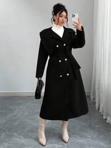 Elenzga Plus Size Women's Solid Color Tie Waist Double-Breasted Long Sleeve Elegant High-Quality Romantic Long Woolen Coat Long Coat Women Coats Winter Coat Women Coat Outerwear Women Trench Coat Women