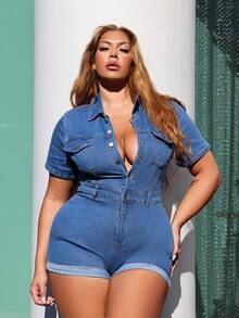 MelDlgn 夏季大码纯色修身落肩短袖时尚牛仔连体裤 - 藍色 - 查看 5