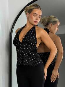 Bethéva 女士休闲简约露背深 V 领波点裹背衬衫 - 黑色 - 查看 5