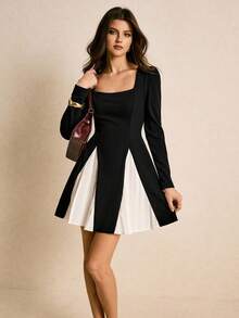 Poéselle 女式撞色方领长袖褶边时尚迷你连衣裙 - 黑與白 - 查看 5