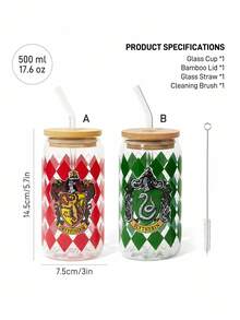 HARRY POTTER X SHEIN Plaid House Design Glass Straw Cup (Straw Cleaning Included), For Cold Or Hot Drinks, Coffee, Milk, Juice Cup,Back To School - Clear - View 3