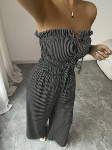 Elenzga 女士夏季休闲条纹荷叶边连体裤 - 彩色 - 查看 6