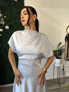 Andrea Bello 女士优雅纯色蝙蝠袖长裙 - 淺藍色 - 查看 3