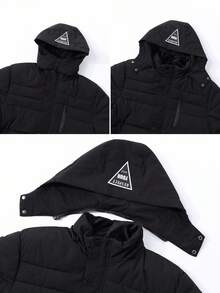 Manfinity Homme Manteau matelassé à capuche détachable, zip, doublé thermique, manches longues épaisses. Coupe-vent, automne/hiver - Noir - Voir 7