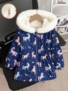 SHEIN Elladie kids 女童厚羊毛连帽夹克，人造毛领，修身款，拉链开合，适合秋冬季，4-7 岁 - 藏蓝色 - 查看 2