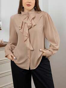 Firerie Plus Size Women's Stand Collar Long Sleeve Ruffle Hem Elegant Commuter Asymmetrical Blouse Elegant Blouses Ruffle Blouse Formal Blouse Modest Blouse Gold Button Blouse Long Sleeve Blouse Blouse With Ruffles Spring - Apricot - View 5