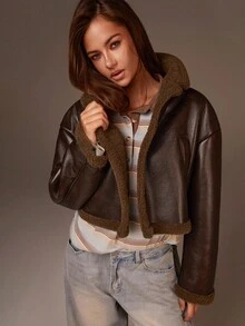 Athîral Women's Chestnut Brown Loose-Fit Shearling Jacket | Faux Leather Outer Fabric, Plush Sherpa Thermal Lined, Relaxed Wide-Cut Silhouette, Turn-Down Collar, Raglan Long Sleeves, Contrast Soft Sherpa Trims At Cuffs, Hem & Collar, Sporty Basic ,For Autumn And Winter, Melange Colorway, Autumn/Winter,Thanksgiving,New Year Clothes