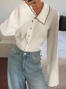 Livesso Áo khoác cardigan dài tay, cài khuy đơn, cổ bẻ cho nữ, mùa thu - trắng - Xem 6