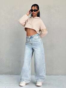 EURMUSE Jeans droits décontractés à taille basse et jambes larges avec effet délavé, bleu