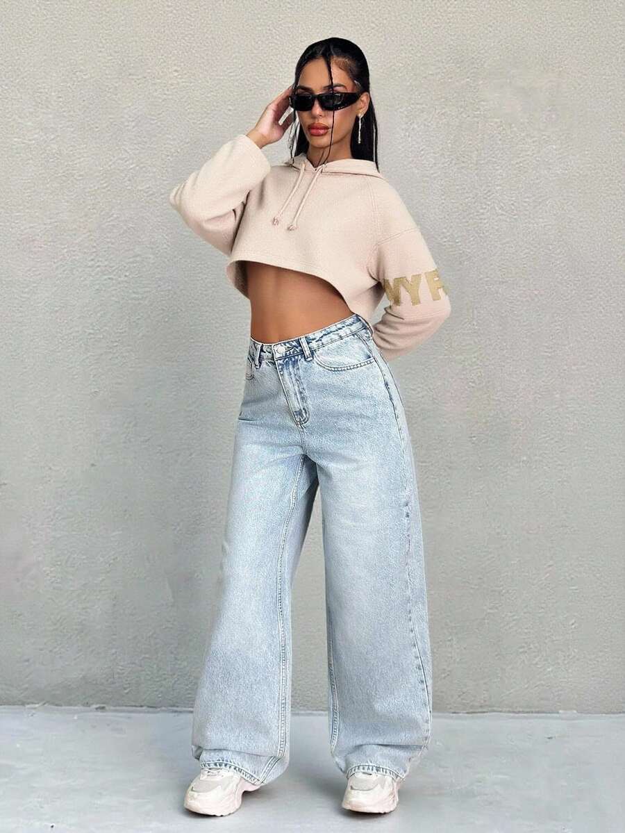 EURMUSE Jeans droits décontractés à taille basse et jambes larges avec effet délavé, bleu