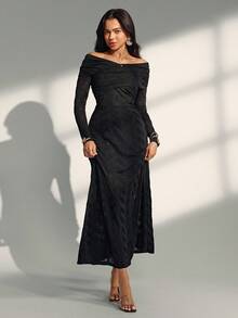 Almamuse Đầm Maxi Dệt Kim Cổ Chữ V Tay Dài Màu Đen Thanh Lịch Cho Nữ - màu đen - Xem 3