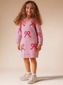 SUMWON 女童针织毛衣裙蝴蝶结图案长袖秋冬休闲节日派对特殊场合中长款可爱日常穿着舒适 - 粉色 - 查看 3