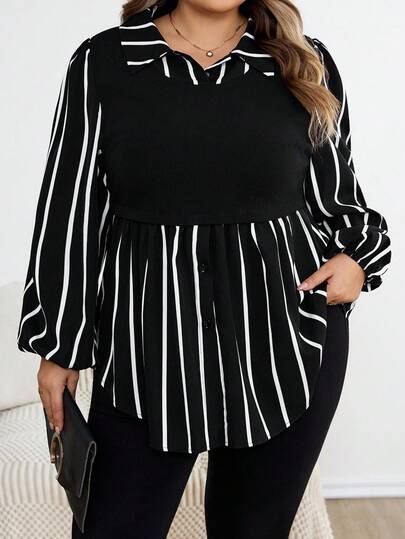 SHEIN CURVE+ Plus Size Women Striped Patchwork Turndown Collar Long Sleeve Casual Shirt, Autumn/Winter
