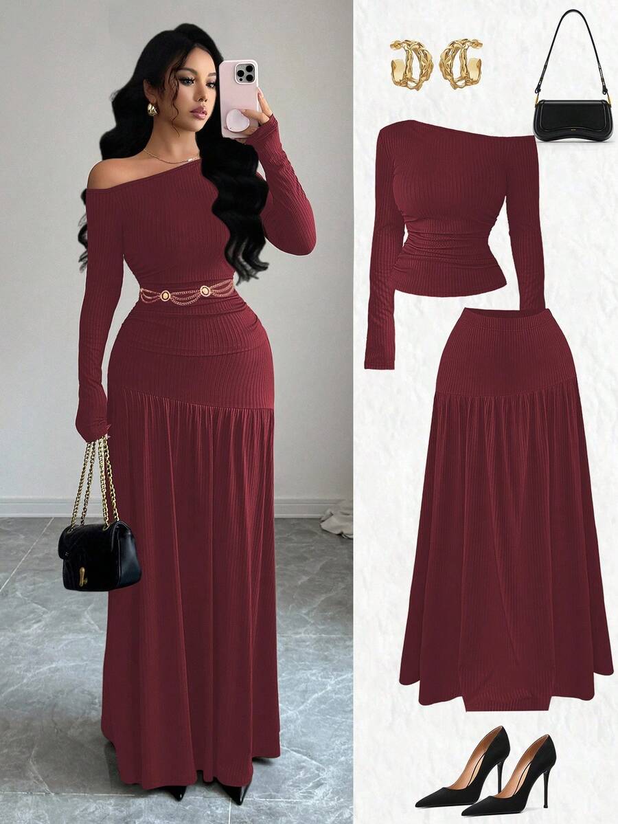 Elenzga Spring & Autumn Back To School New Brown Elastic Striped Relaxed Suit, Oblique Shoulder Design Pleated Fitted Long Sleeve T-Shirt + High Waist Pleated Flared Skirt 2 Pieces Set For Women - Burgundy - View 1
