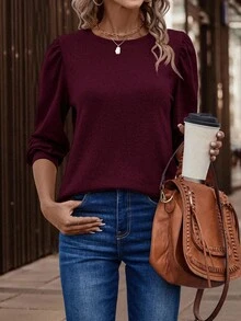EMERY ROSE Casual Solid Color Puff Sleeve T-Shirt, Versatile For Autumn