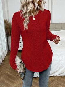 EMERY ROSE Áo len dài tay cổ tròn họa tiết dây cáp thanh lịch dành cho nữ, Thu/Đông - Đỏ - Xem 5