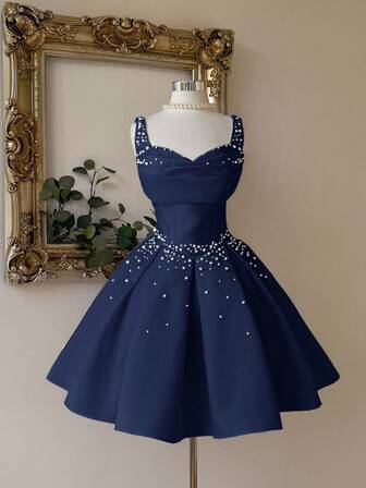 Lovelzi Elegant, Luxurious, Noble, Palace-Style White Satin Strapless Sweetheart Neckline Mermaid Silhouette Dress With Pearl Decor, Flared Hem, Suitable For Bachelorette Party, Wedding, Graduation, Vacation, Bridal Shower