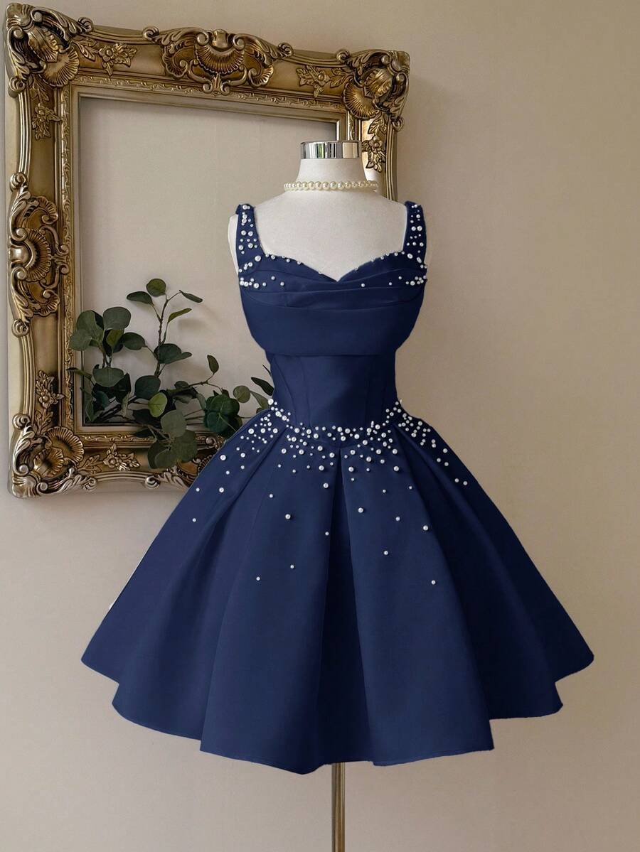 Lovelzi 优雅、奢华、高贵、宫廷风白色缎面露肩甜心领口美人鱼轮廓连衣裙，带珍珠装饰，喇叭形下摆，适合单身派对、婚礼、毕业典礼、度假、新娘送礼会 - 藏蓝色 - 查看 1