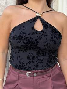 NegzBox Women's Fall Women Clothes Streetwear Women Sexy Cross Strap Metal Buckle Decor Black Flocked Printed Blouse,Going Out Tops Women ,Going Out Outfits,Date Night Outfits Women - Black - View 4