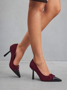 CUCCOO SZL Women's Fashion Burgundy Bow Pointed Toe Stiletto High Heel Pumps, Suitable For Commute, Date, Party, Wedding, Holiday