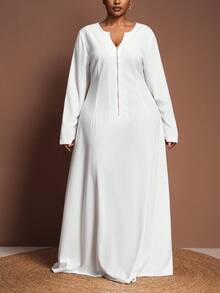 Veslaya 2025 Autumn/Winter New Arrival Elegant & Commute & Party & Date & Casual Outing & Daily Casual & Evening Dress Plus Size A-Line Solid White Long Sleeve V-Neck Front Zipper Semi-Sheer Knit Maxi Dress For Plus Size Women,Elegant Dresses For Women,White Dress For Women,One-Piece Dress Ladies Autumn Winter