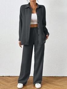 SHEIN PETITE 2pcs Women Solid Color Long Sleeve Single-Breasted Shirt And Pants Casual Suit, Autumn - Grey - View 3