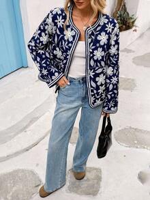 Vivid Eden Manteau d'hiver casual à manches longues et col ouvert avec imprimé floral pour femmes, casual pour femmes, bleu et blanc, manteau bleu, manteau bleu marine, bohème, style boho chic, femmes boho, vêtements western pour femmes, western - Bleu azur - Voir 7