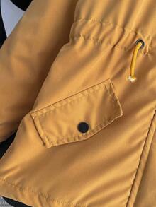 SHEIN 女童冬季长袖连帽抓绒加厚仿毛领外套，腰部收紧修身撞色纽扣休闲时尚派克大衣 - 黃色 - 查看 5