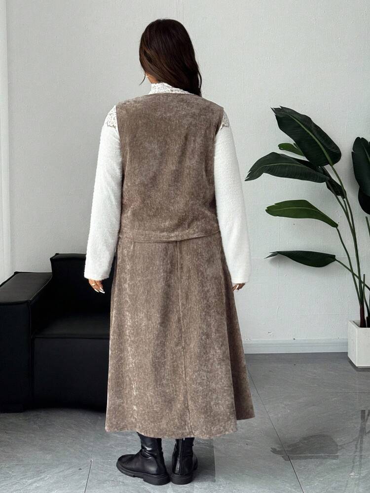 Dazy Plus 2pcs Velvet Thickened Casual Vest & Skirt Set, Versatile Plus Size Autumn Outfit