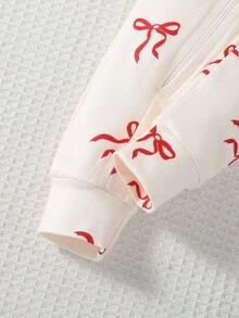 2件套女婴粉白长袖连体睡衣套装，可爱波点蝴蝶结印花设计，贴身婴儿睡衣套装，红色波点婴儿睡衣，双向拉链连脚睡衣 - 紅色 - 查看 3
