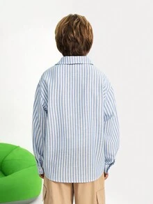 Leap Crew 青少年男孩条纹长袖衬衫，宽松休闲装，适合返校季、毕业季和日常穿着 - 藍色 - 查看 5