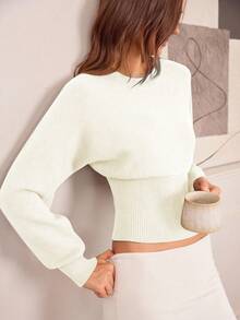 Hanevo Casual Round Neck Drawstring Waist Slim Fit Solid Color Knit Sweater, Versatile For Autumn/Winter - White - View 8