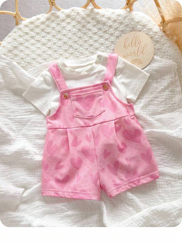 SHEIN Newborn Baby Girl Cute Versatile Pink Heart Romper, Summer