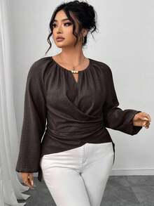 Elenzga Áo kiểu Raglan cổ khoét lỗ màu trơn tay đèn lồng cỡ lớn dành cho nữ xếp ly thời trang - Cà phê nâu - Xem 7