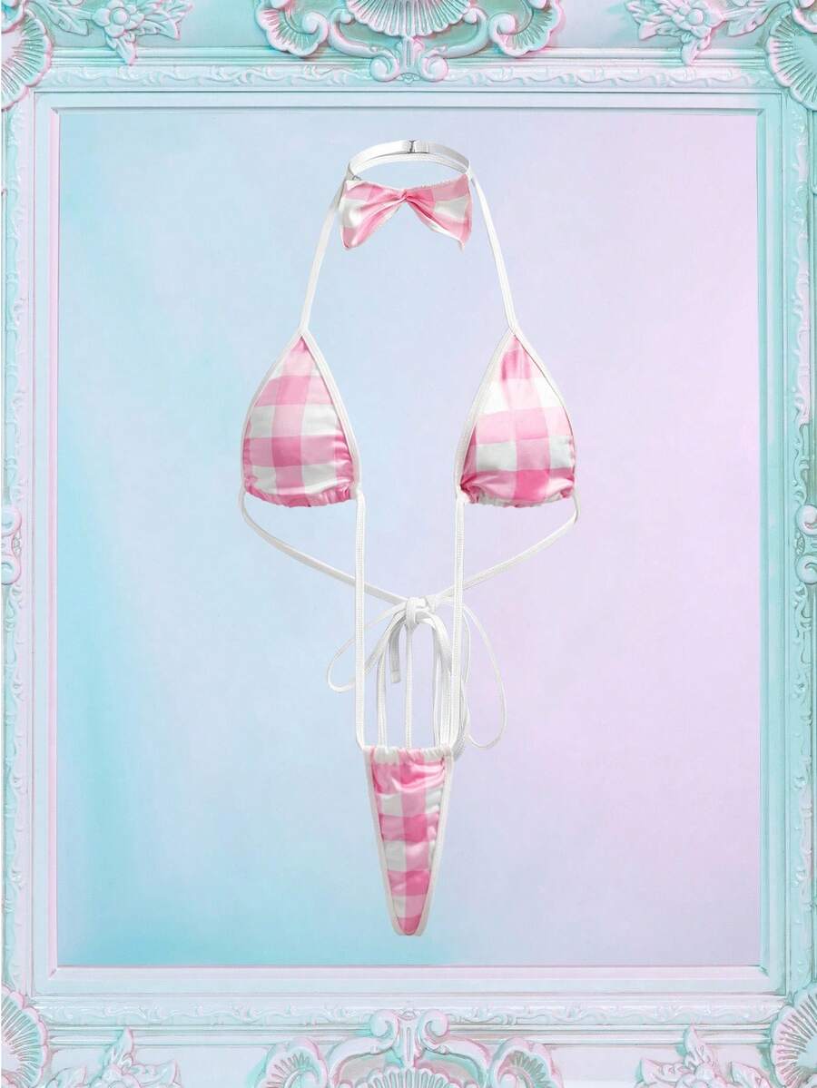 Women's Sexy Plaid Roleplay Lingerie Costume - Pink - View 1