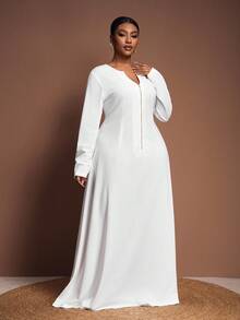 Veslaya 2025 Autumn/Winter New Arrival Elegant & Commute & Party & Date & Casual Outing & Daily Casual & Evening Dress Plus Size A-Line Solid White Long Sleeve V-Neck Front Zipper Semi-Sheer Knit Maxi Dress For Plus Size Women,Elegant Dresses For Women,White Dress For Women,One-Piece Dress Ladies Autumn Winter