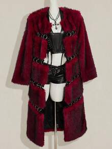 SHEIN ICON 女士仿皮草大衣，前卫性感，适合派对约会，秋冬，拼布皮革，时尚戒指 - 彩色 - 查看 15