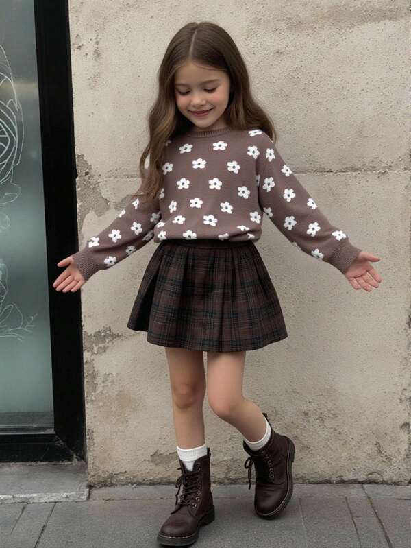 SHEIN Playful Pals Young Girls Casual Elegant Cute Floral Pattern Knit Sweater, Soft & Comfortable, Suitable For Daily, Outdoor, Travel, Holiday, Home, Daycare, Autumn/Winter, Christmas, Back To School, Party, Versatile Winter Christmas Halloween Toddler Cardigan Sweater Autumn Fall Jumpers Sweaters Tops Dress Dresses Christmas Jumper Cozy Pixies Prepcrw Christmas Outfit Halloween  New Born Toddler  Fall Winter Dress Halloween  Romper Stuff Halloween Jumper Jumper Cardigans Shirts White Cardigan Clean Downtown Off The Shoulder Sweater Outfit Sets Pink Sweater Jacket Cute Fall Outfits Outfits Top Maija Christmas Dress  Toddler Fall Dark Purple Skirt Christmas Sweater  Fall Sweaters Unisex White Sweater Vest Skirt Sets