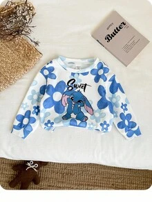 SHEIN Baby Boy Cute Casual Letter & Floral Print Versatile Crew Neck Long Sleeve Sweatshirt Autumn Winter Clothes For Women - Grey - View 2