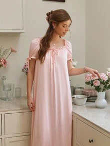 Snug Reverie Solid Color Ruffled Square Neck Loose Long Night Gown Holiday Season, Moo Moo - Pink - View 6