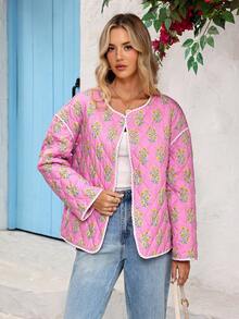 Vivid Eden Women's Floral Print Drop Shoulder Long Sleeve Single-Breasted Loose Winter Jacket - Multicolor - View 1