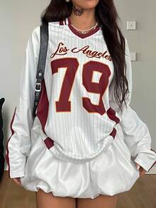 Coolane Women's & Men's Winter Streetwear Rave Outfit Couple Same Style Back To School Game Day Athleisure Number Pattern Lapel V-Neck White Football Oversized Jersey T-Shirt