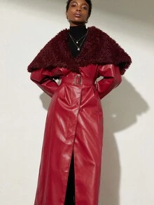 Aveloria Modichic 红色皮革拼接长款束腰夹克，复古优雅风格，适合秋冬季通勤和约会穿着，系带设计凸显身材。 - 紅色 - 查看 4