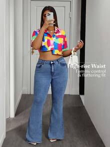 Slaydiva Plus Size Women High Waist Pockets Frayed Hem Flare Casual Jeans - Blue - View 7