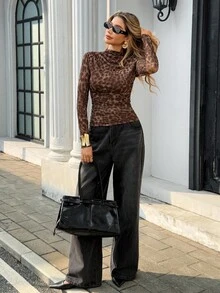 Pariaura French Style Long Sleeve Pleated Waist Leopard Print T-Shirt, Autumn/Winter - Brown - View 4