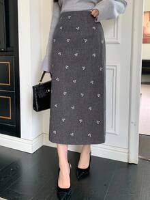 DAZY Women's Bow Print Backless Slit Elegant Skirt Fall Winter Women Skirts