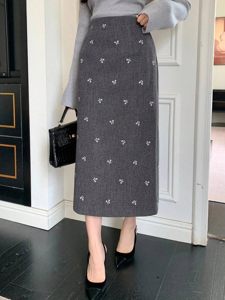 DAZY Women's Bow Print Backless Slit Elegant Skirt Fall Winter Women Skirts